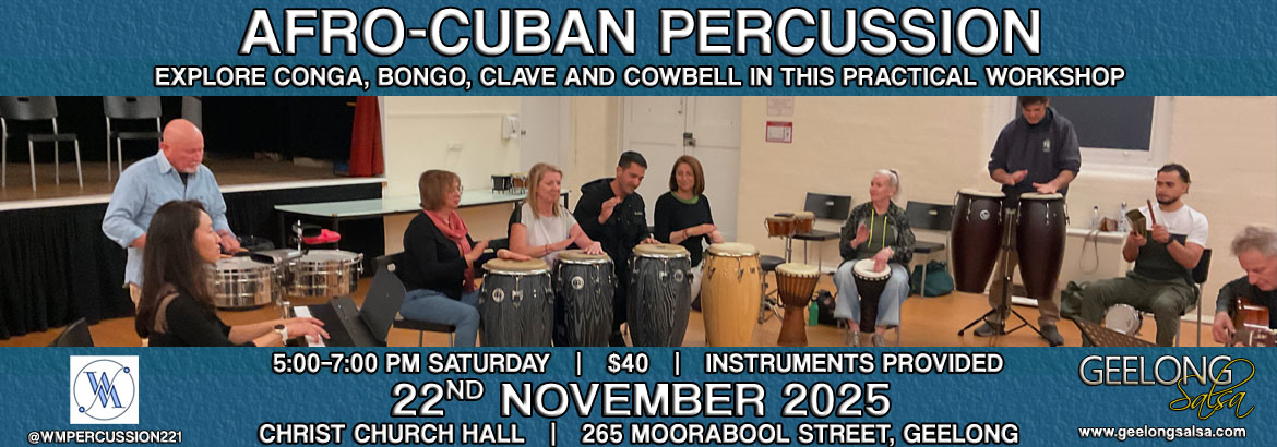 Banner for Afro-Cuban Percussion Workshop in Geelong, showing instruments and event details
